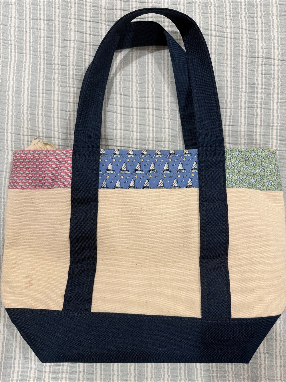 Vineyard Vines Cream Canvas Zipper Tote with Navy Trim and Multicolor Accents - Picture 2 of 11